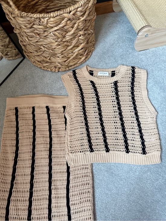 vestique Tops - vestique Beige Crochet Knit Two-Piece Set with Black Stripes